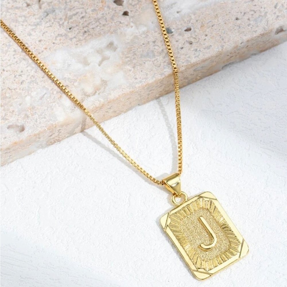 Gold Plated Letter “J” Initial Engraved Charm Tag Box Chain Necklace
